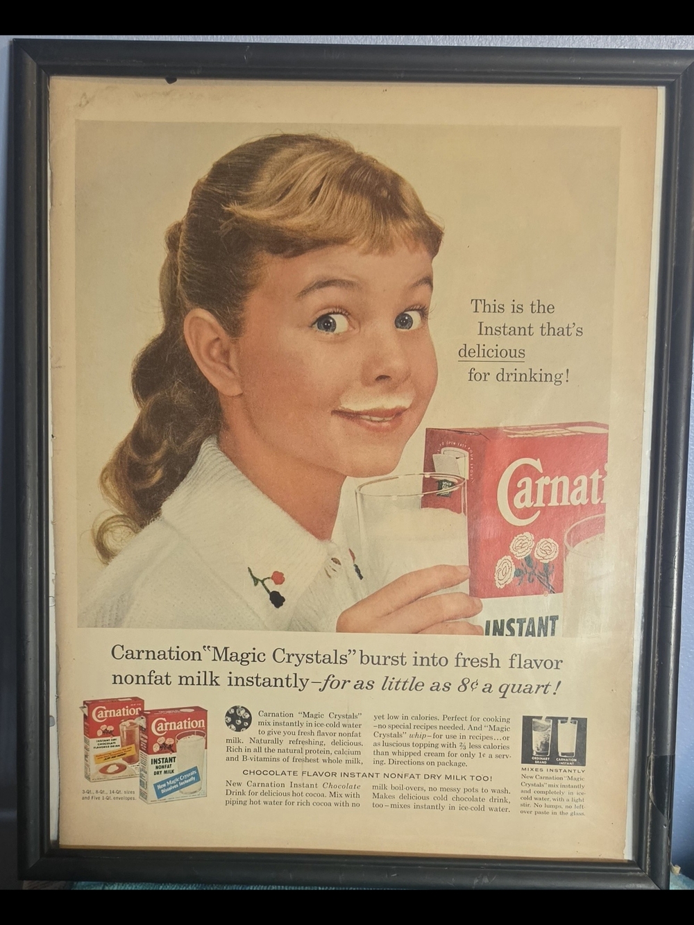 Vintage Framed Carnation Instant Milk Advertisement | 1950s Kitchen Decor